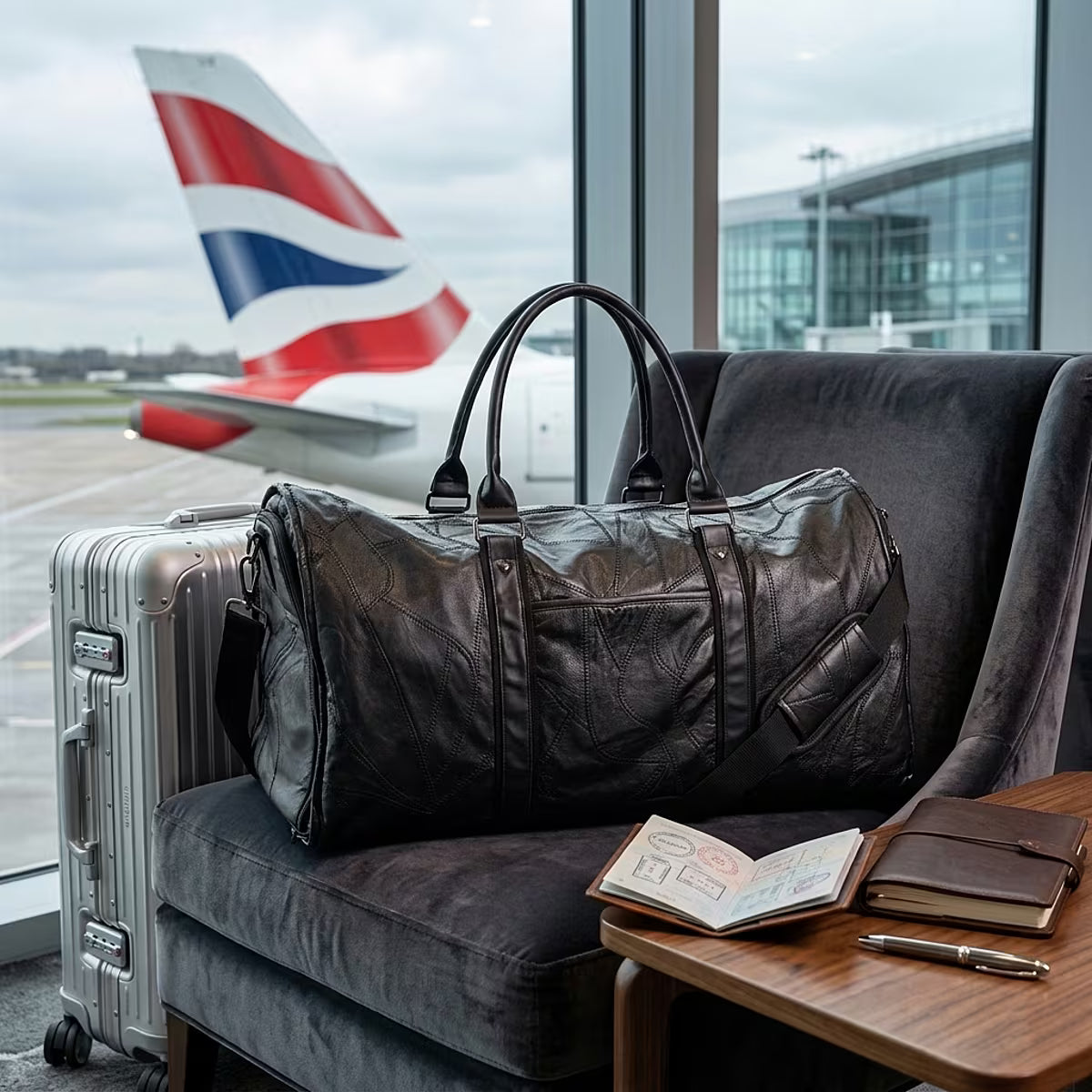 Black Paneled Genuine Sheepskin Travel Garment Bag (with Detachable Shoulder Strap)