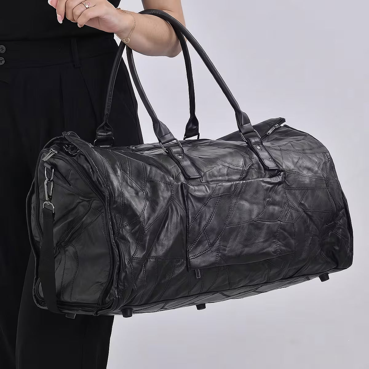 Black Paneled Genuine Sheepskin Travel Garment Bag (with Detachable Shoulder Strap)