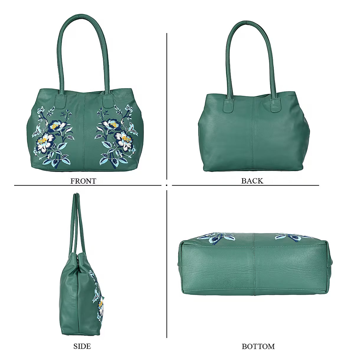 Turquoise leather tote bag with floral pattern