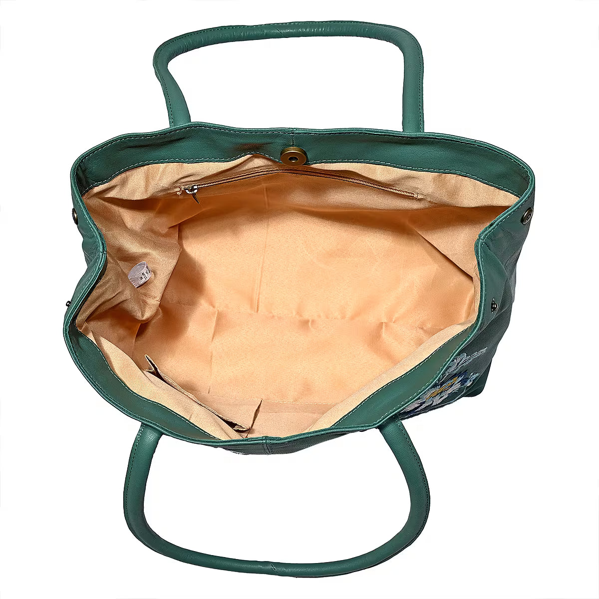 Turquoise leather tote bag with floral pattern