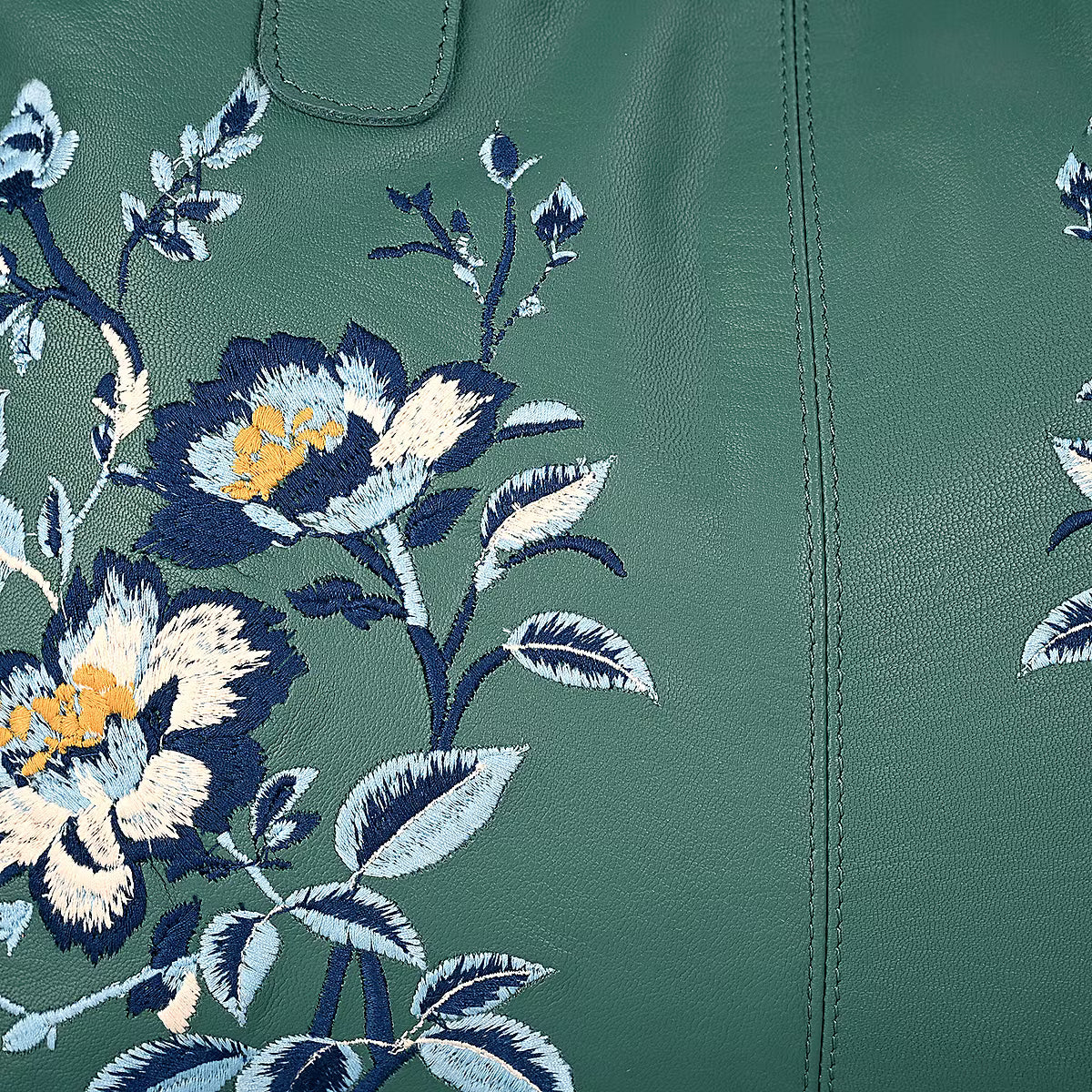 Turquoise leather tote bag with floral pattern