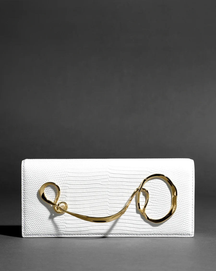 White twisted-detail gold-tone hardware bag with side handle, chain strap, and dual-carry functionality (handheld/shoulder)