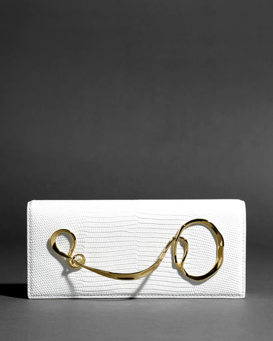 White twisted-detail gold-tone hardware bag with side handle, chain strap, and dual-carry functionality (handheld/shoulder)