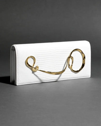 White twisted-detail gold-tone hardware bag with side handle, chain strap, and dual-carry functionality (handheld/shoulder)