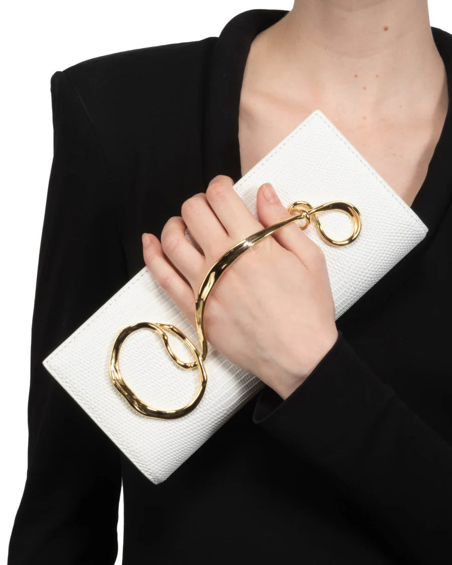 White twisted-detail gold-tone hardware bag with side handle, chain strap, and dual-carry functionality (handheld/shoulder)
