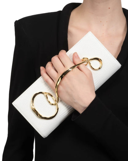 White twisted-detail gold-tone hardware bag with side handle, chain strap, and dual-carry functionality (handheld/shoulder)