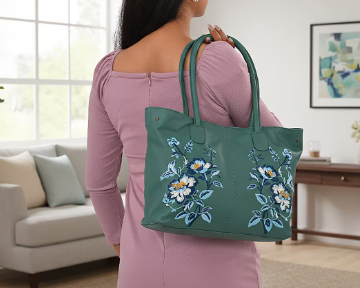 Turquoise leather tote bag with floral pattern