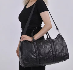 Black Paneled Genuine Sheepskin Travel Garment Bag (with Detachable Shoulder Strap)