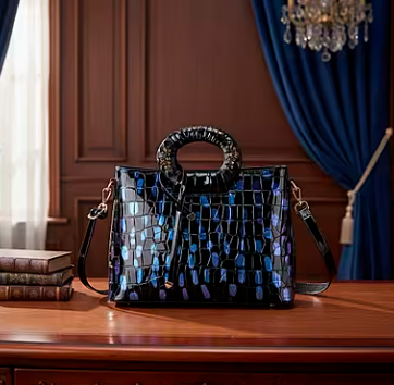 Blue round crossbody bag with dual handles and faux-crocodile texture.