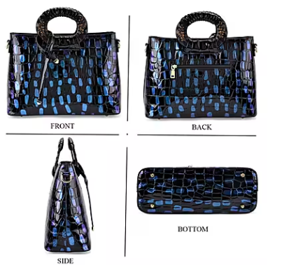 Blue round crossbody bag with dual handles and faux-crocodile texture.