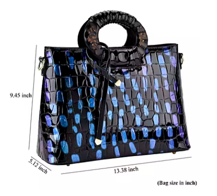 Blue round crossbody bag with dual handles and faux-crocodile texture.