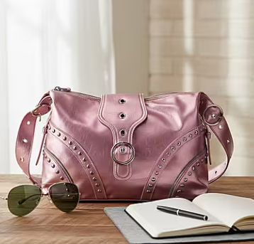 Pink Faux Leather Stylish Studded Hobo Bag (with Shoulder Strap)