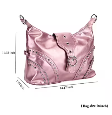 Pink Faux Leather Stylish Studded Hobo Bag (with Shoulder Strap)